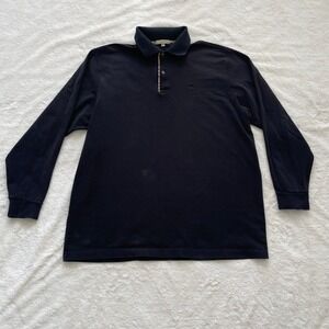 Burberry London Mens Long Sleeve Polo Shirt Black Nova Check XL Pique Cotton